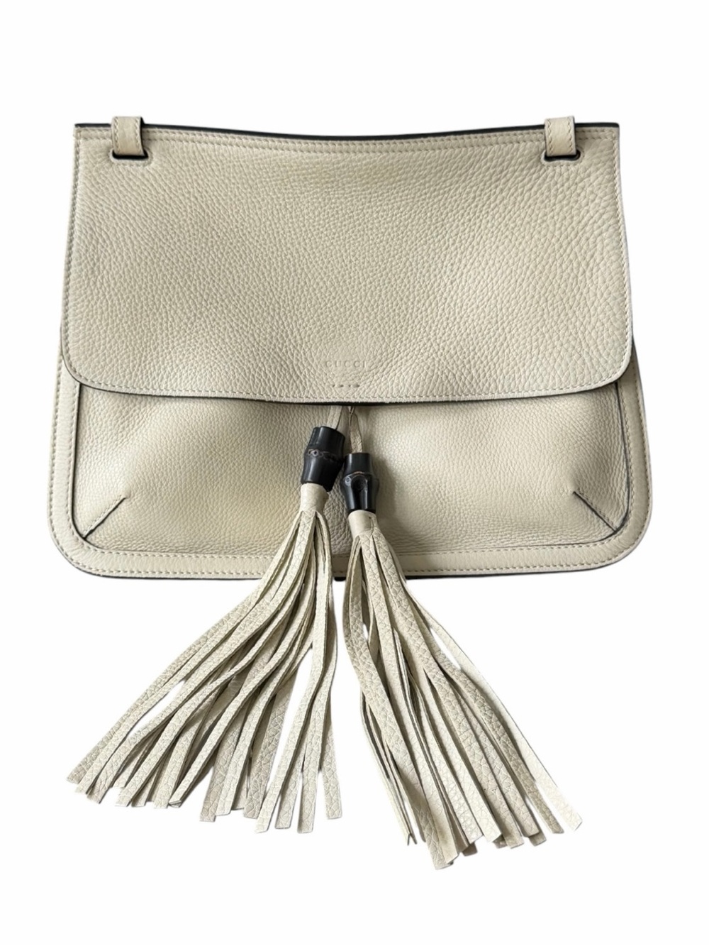 Gucci Bamboo Daily Flap Shoulder Bag Mystic White Pebbled Calfskin Crossbody